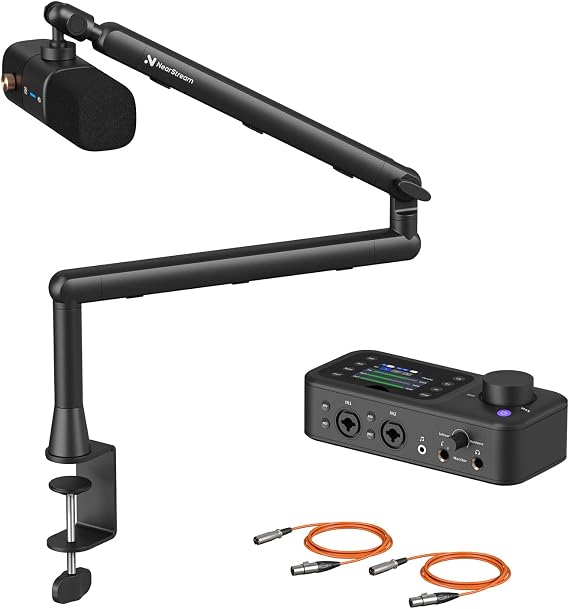 NearStream PodKit Solo Podcast Equipment Bundle | 1 Podcast Microphone, 1 Audio Interface, 1 Mic Boom Arm, 2 XLR Microphone Cable, for Podcast/Livestream/Sound Creation