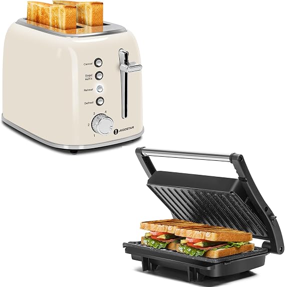Aigostar Toaster 2 Slice, Retro Extra-Wide Slot Toasters Panini Press Grill, Aigostar 1000W Sandwich Maker with Ceramic Non-stick Plates, Opens 180 Degrees for Any Size Food