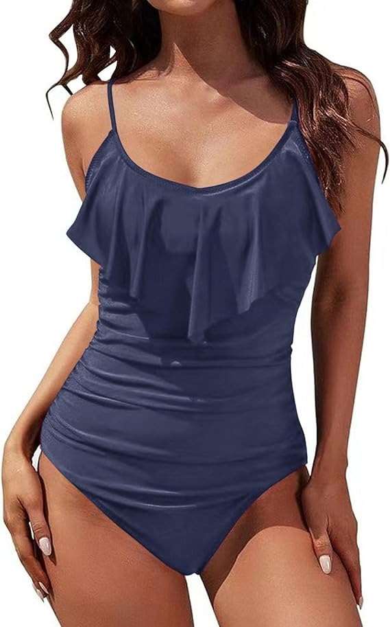 Women Slimming Ruffle One Piece Swimsuits Ruched Tummy Control Bathing Suits