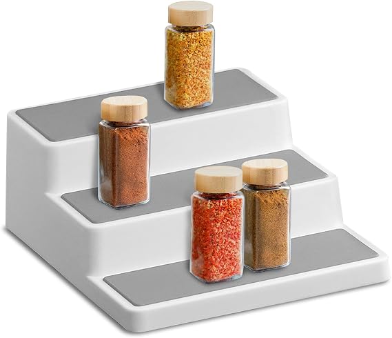 GEEZY 3 Tier Spice Rack for Inside Cupboard - Non Slip Kitchen Cupboard Organiser, Tiered Shelf for Jars Tins Cans Seasonings & Condiments - Space Saving Countertop & Pantry Organiser 19.5x24.5x8.5cm