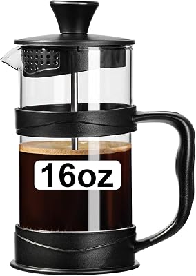 PARACITY French Press CoffeeTea Maker, Camping Mini CoffeeTea Press of 304 Stainless Steel Filter and Heat Resistant Glass, Cold Brew Coffee Maker 16OZ for Travel& Home GiftBlack