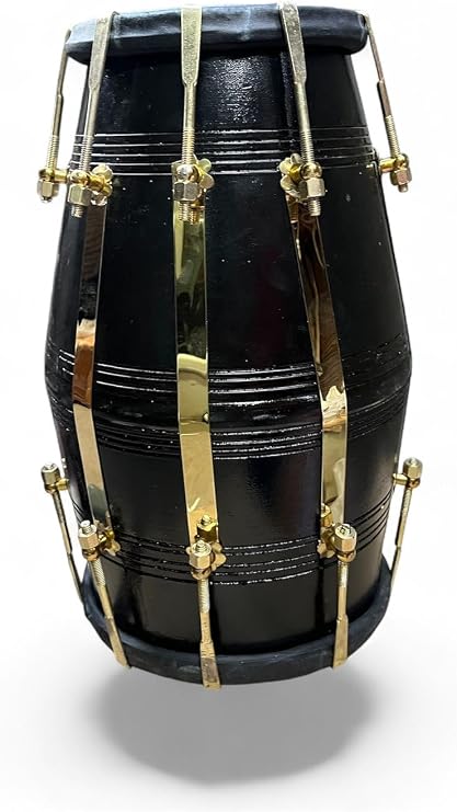 JPSK IMPEX Black Mango Wood Dholak with Golden Nut Bolt & Heavy Pudi Professional Recording Dholak, Handmade Folk Drum, Easy Tune Nickel-Plated Hardware, 7" x 9" Heads for Bhajan, Kirtan