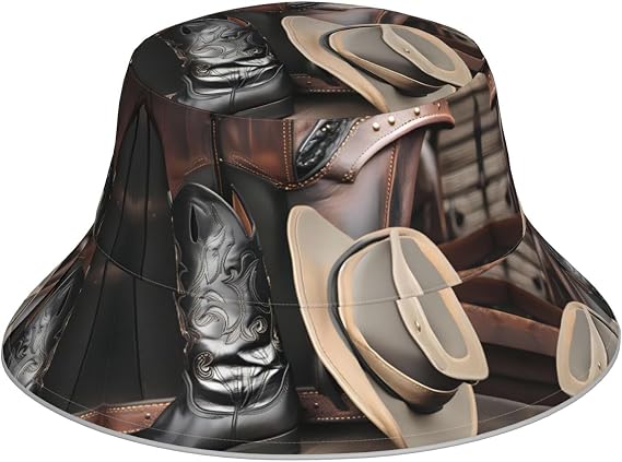 Cowboy Black Hat Western Boots Double-Sided Fisherman hat, Outdoor Mountaineering Sun hat for Men and Women, Folding Travel Beach Fishing Sun hat