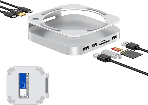 Mac Mini M4 Dock, Aluminum Stand and Hub with M.2 NVMe SSD Enclosure, 4K 60Hz HDMI, 2x USB-A 10Gbps, SD/TF Card Reader, USB 2.0 Data (Silver) │Accessories