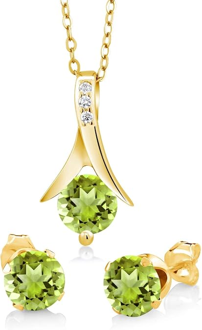 Gem Stone King Yellow Gold Plated Silver Green Peridot Pendant Earrings Set | 3 Cttw | 6MM Round Gemstone | 18K Gold Plated Silver | 18 Inch Chain | August Birthstone | Peridot Jewelry Set For Women Her