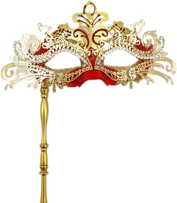 Masquerade Mask for Women Mardi Gras Venetian Handheld Gold and Red Opera Maks Halloween Costume Mask