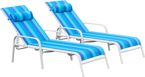 EROMMY All-Weather Textiline Recliner Chairs Set of 2 with Adjustable Backrest,Out Door Chaise Lounge Chairs & Ergonomic Armrest, for Outside Patio Beach, Yard and Pool