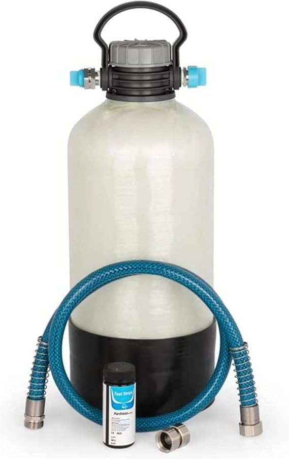 Camco TastePURE Portable Compact 4 GPM Hard Water Softener Kit with Carry Handle, 4' Hose, and 50 Test Strips for Boats and RVs | Regenerates with 2 boxes of table salt, includes 4 ft hose, 50 test strips and carry handle, compact for tight storage