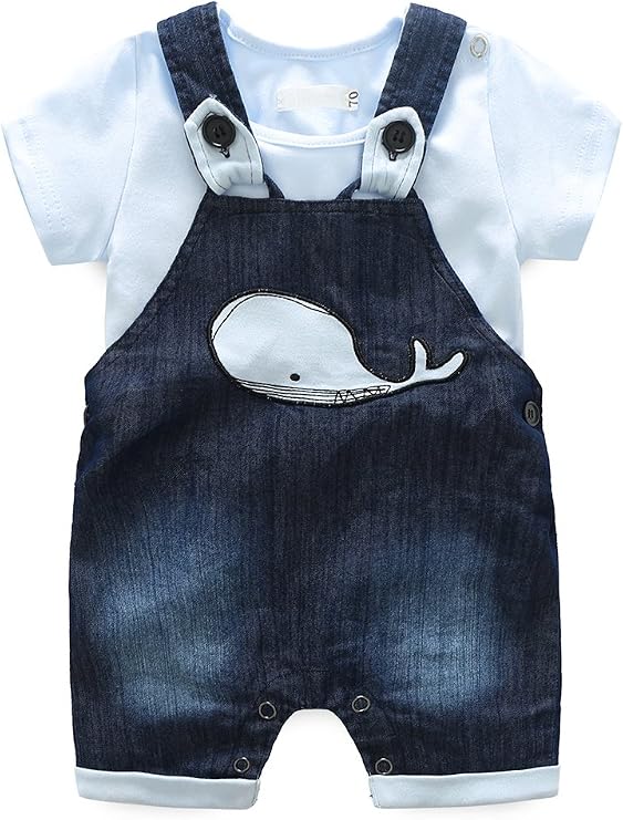 Cute Baby Boys Clothes Toddler Whale Jeans Romper Set with Blue Short Sleeve T-Shirt
