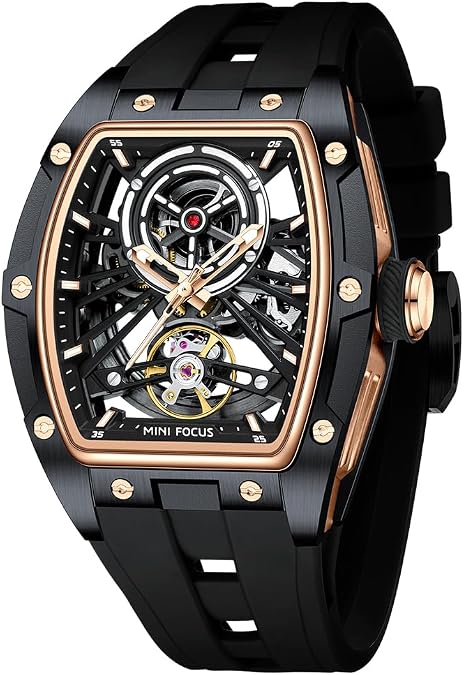 AIMES Men's Tonneau Skeleton Automatic Mechanical Watch, Silicone Strap, 5ATM Water Resistance Silicone Strap Men's Wristwatch Ideal Gift for Men