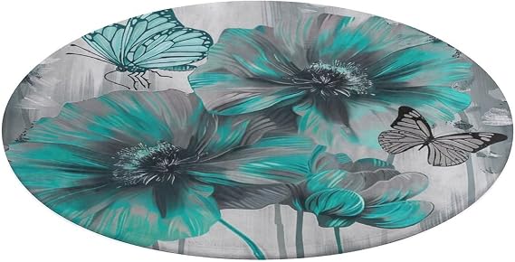 Gray Teal Flower Butterfly Printed Round Area Rugs 90 * 90cm, Coral Fleece Floor Mat with Super Absorbency and Non-Slip for Living Room, Bedroom, Bathroom, Office