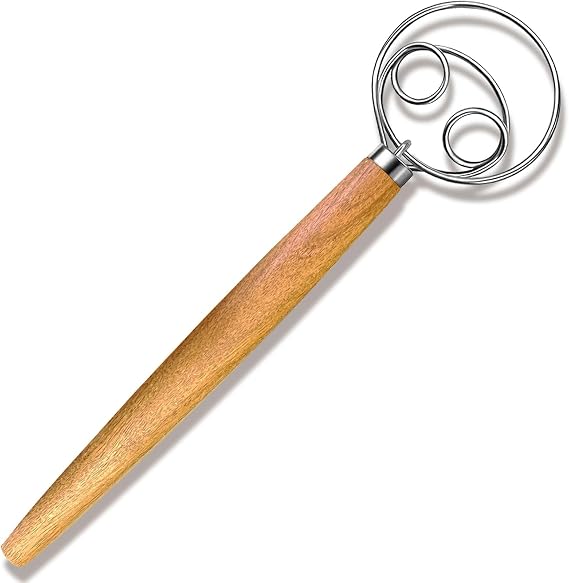 Danish Dough Whisk - Dough Bread Whisk, Sourdough Bread Baking Supplies for Cake Bread Pizza Pastry Biscuits, Wooden Hand Stainless Steel Ring Sourdough Baking Dough Mixer(Acacia Wood)