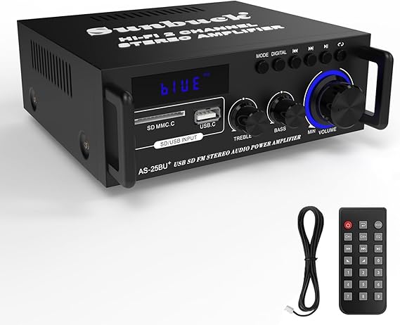 Sunbuck Small Stereo Amplifier, Stereo Receiver with Bluetooth, Optical/Coaxial Jacks for TV/CD/DVD/LP/PC, Support 192kHz Audio, Max 300Wx2 Power, Home Audio System, Receiver for Speakers, AS-25BU