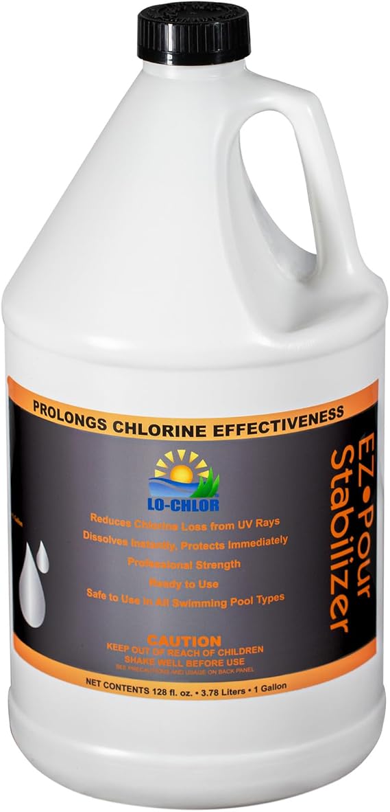 Lo-Chlor EZ-Pour Chlorine Stabilizer for Swimming Pool, Liquid Cyanuric Acid, Reduces Chlorine Loss from UV Rays, For All Sanitizer and Salt Pool Types, 128 oz