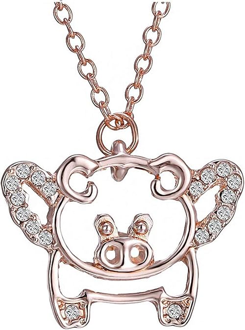 Tebapi Womens Pendant Necklace Luck Flying Pig Necklace Pig Luck Pendant Pigs Pandent Necklaces Rose New Flying Cute Crystal Luck Pendant Necklaces for Women