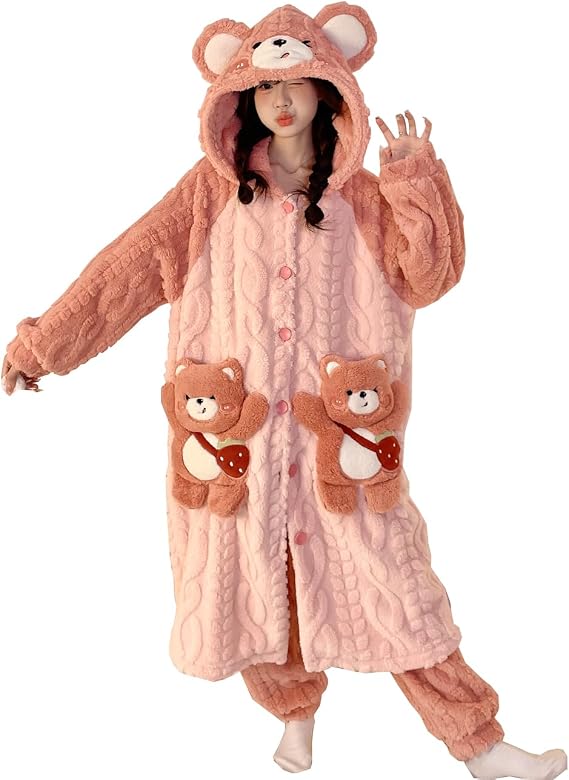 Brrioe Women's robe button bathrobe Women's hoodie coat plush warm pajamas Long sleepwear with cute Kawaii pattern pocket pajamas (5, S)