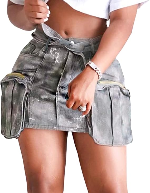 Angsuttc Cargo Skirt for Women Denim Y2k Trendy Summer Mini Skirt with Pockets