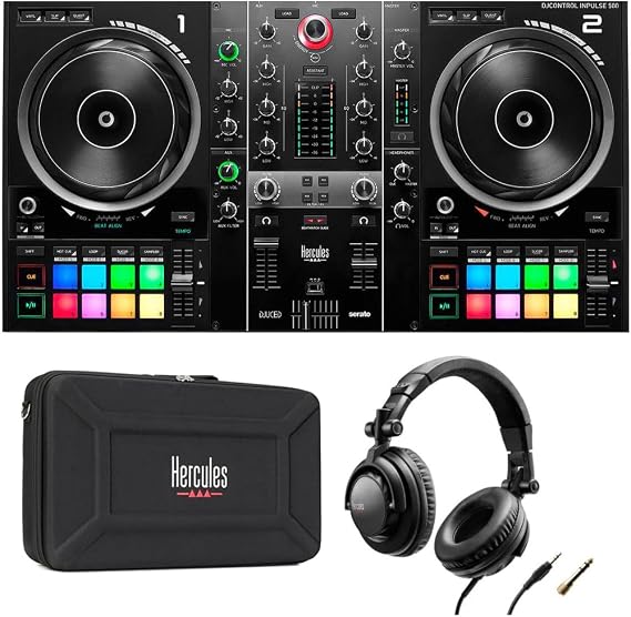 Hercules DJControl Inpulse 500 DJ Software Controller Bundle with Premium Travel Bag for DJControl Inpulse 500 Controller, Hercules HDP DJ45 Closed-Back, Over-Ear DJ Headphones