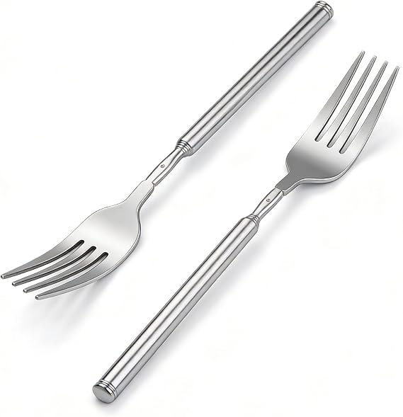2 Pack Extendable Prank Fork, 8.7" to 25.4" Telescopic Stainless Steel Fork, Funny Gag Gift for Parties, Portable Long Handle Fork for BBQ Camping Picnic Dining, Silver