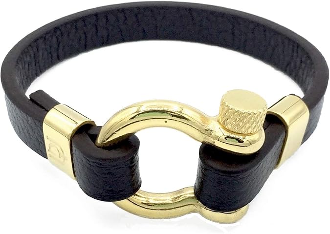 Giorgio Milano 1538 Stainless Steel with Genuine Leather Bracelet, highly durable and classic looking (GOLD-BLACK)