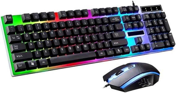 Mechanical Gaming Keyboard and Mouse Set Rainbow LED USB Wired Desktop Combo Black