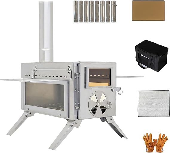 Portable Camping Wood Stove with Glass Window for Tent | 304 stainless steel tent stove with insulated chimney pipes for cooking, heating and outdoor camping adventures.