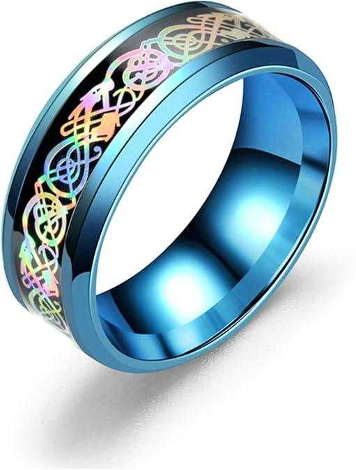 Classical Stainless Steel for Men Blue Blue Ring Inlay Dragon Filigree Hit-pop Bike Ring Size T 1/2