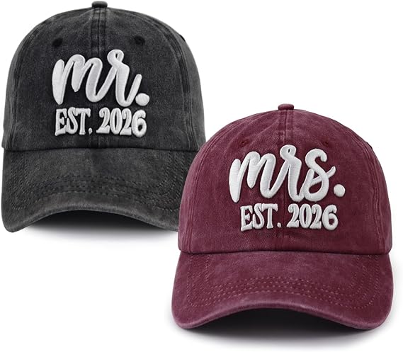 2 PCS Mr and Mrs Est 2026 Hats for Men Women, 3D Embroidered Baseball Cap
