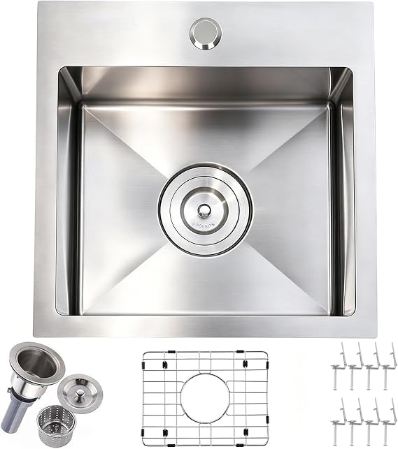 15x15 Inch Bar Sink Drop In, Topmount Kitchen Sink Stainless Steel Square Small Sinks, Single Bowl Kitchen Sinks for Laundry Wet Bar Prep RV Office Outdoor Yard with Grid & Drain