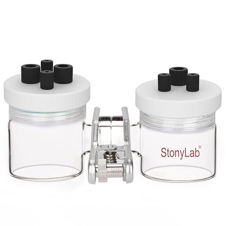 stonylab H-Type Electrolytic Cells, Borosilicate Electrochemical Cell with Double Electrolytic Cell Replaceable Ion-Exchange Membrane Electrolyzer Sealed Electrochemical Cells with PTFE Lids, 50 ml