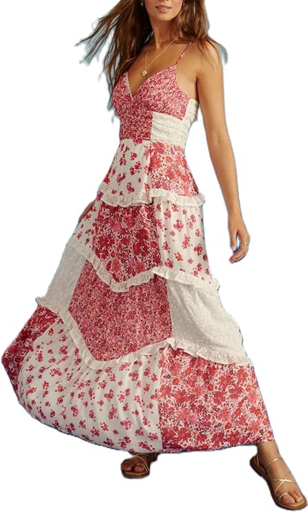 Women Y2k Floral Smocked Maxi Dress Bow Tie Shoulder Tiered Ruffle Midi Sun Dress Boho Casual Beach Long Dresses