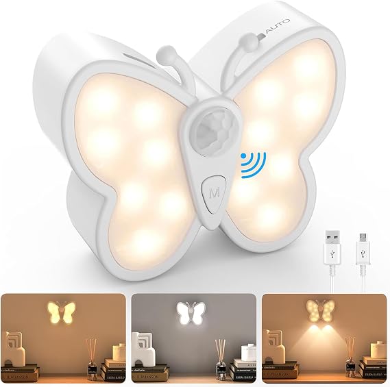 Dimmable Butterfly LED Night Light for Kids Bright Motion Sensor Night Light Lamp with Spotlight Magnetic Rechargeable Nightlight Rechargeable Nightlight for Kid Room, Bedroom, Hallway, Stairs