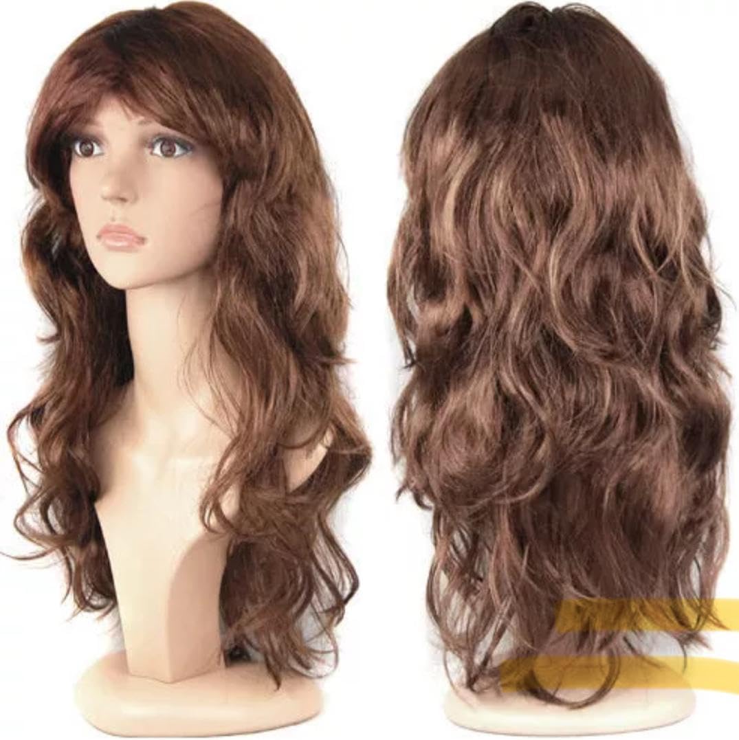 WOMEN'S LADIES LONG WAVY WIG FANCY DRESS COSPLAY WIGS POP PARTY COSTUME (Brown)