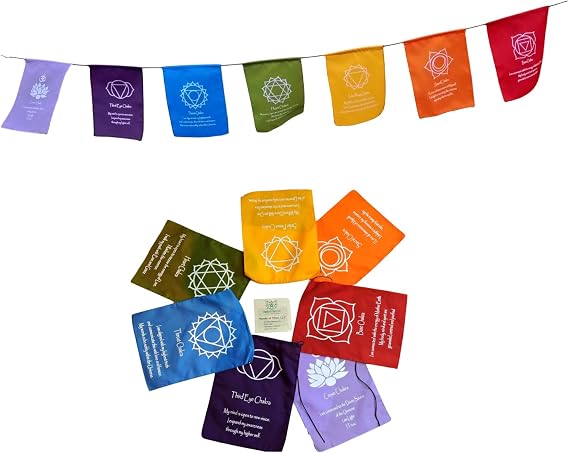 Large Seven Chakra Prayer Flags Banner Wall Hanging (9X12) crown chakra, third eye, throat chakra, heart chakra, spleen chakra, solar plexus, root chakra,