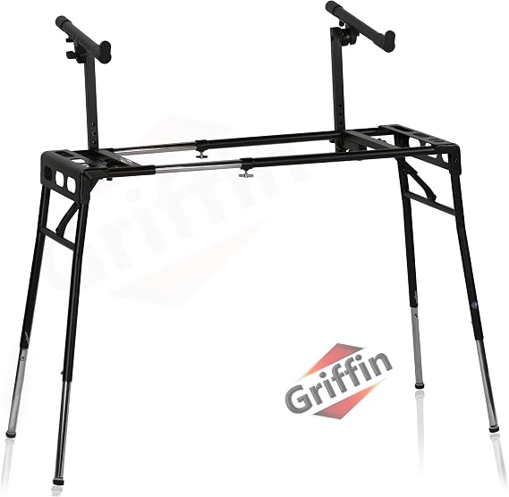 Griffin 2-Tier Keyboard Stand (QuickNEST Series) Digital Piano Rack Mount Platform Double DJ Coffin Workstation With Table-Top Laptop Holder for Studio Mixer, Turntable & Stage Equipment