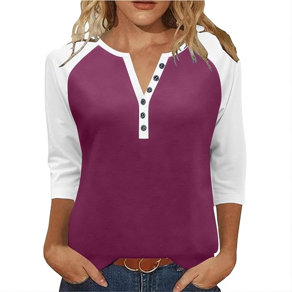 3/4 Sleeve Tops for Women Dressy Casual V Neck Button Henley Shirt Color Block Raglan Shirts Cotton Tunic Blouse Fall