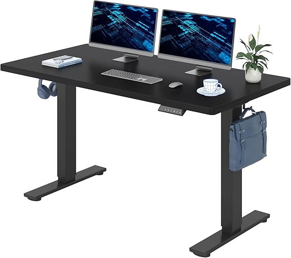 FLEXISPOT 140x80cm Electric Standing Desk Height Adjustable Desk ONE PIECE Sit Stand Desk Stand Up Desk with Memory Smart Pannel (Black Frame+Black Desktop)