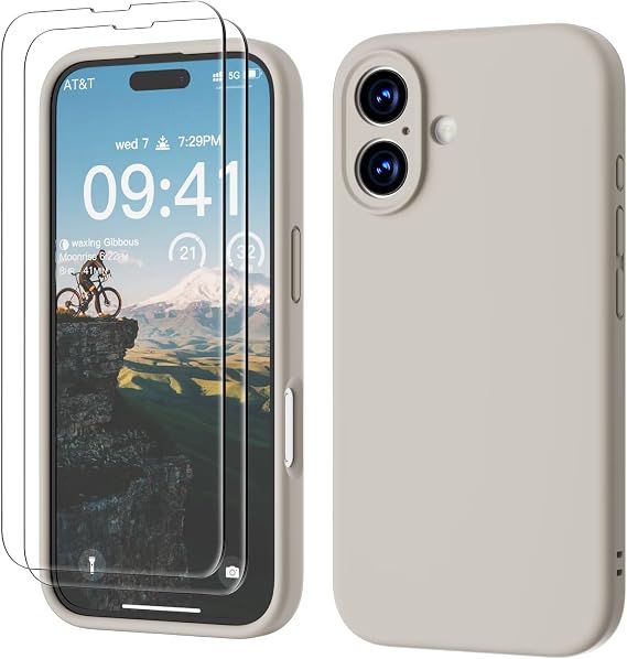 GOODVISH for iPhone 16 Case Silicone with Screen Protectors X2, Stone Grey