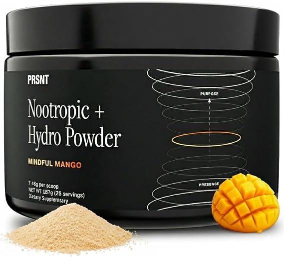 PRSNT Nootropic Focus Powder | Mango 25 Servings | Caffeine-Free, Sugar-Free | Supports Focus, Energy, Mental Clarity | Nootropic + Electrolytes Hydration Focus Drink Mix