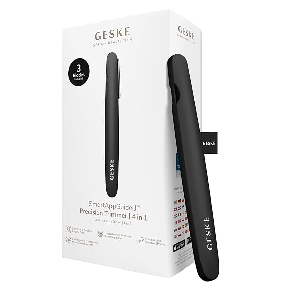 GESKE Precision Trimmer | 4 in 1 | Painless, Hygienic Hair Remover | Precise Hair Trimmer Tool | Face & Body | Men & Women | Grooming Device | Hypoallergenic, Easy-to-exchange Blades | All Skin Types