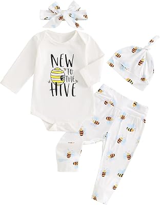 Chloefairy Newborn Baby Boy Girl Clothes Bumble Bee New to the Hive Bodysuit Pants Hat Headband 4Pcs Fall Coming Home Outfit