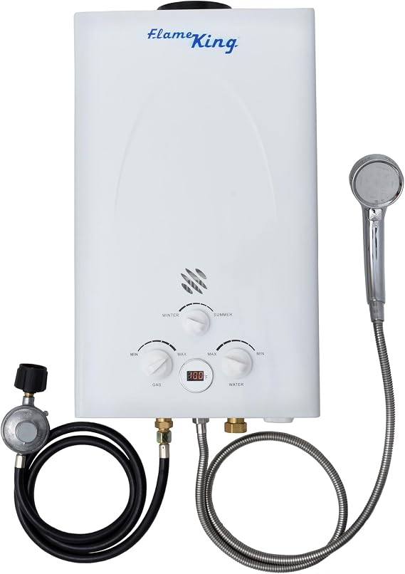 Flame King Portable Tankless Water Heater Propane Gas 10L 2.64 GPM at 68,000 BTU, Outdoor Instant Hot Water Shower for RV, Camping, Farm, Cabins