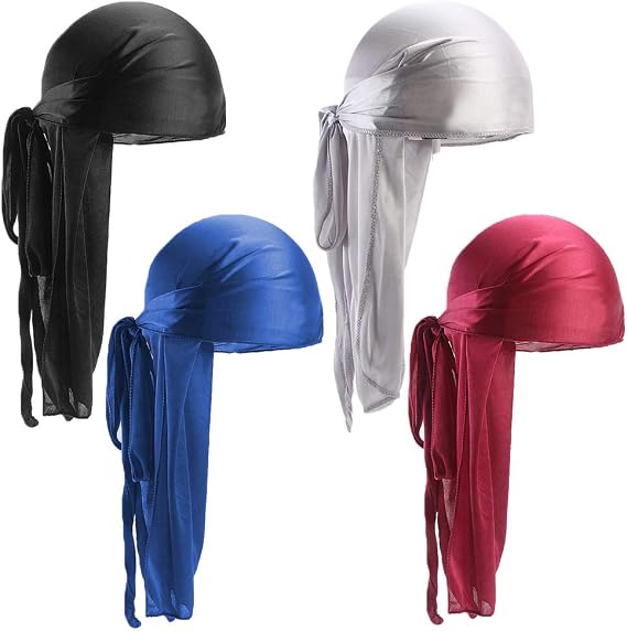 YuZhou 4PCS Silk Durags for Men, Breathable Silky Durag Cap with Long Tail Durag for Men and Women Silky Satin Durag Fashion Headbands Long Tail Hats for 360 Waves,Dreadlocks, Pirate Headwraps