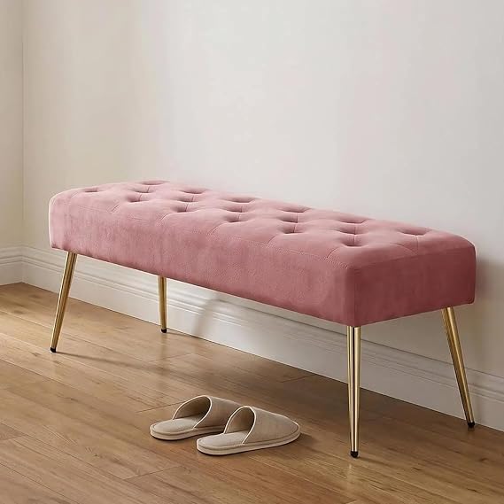 DUHOME Modern Velvet Ottoman Bench, Button-Tufted Upholstered Bedroom Benches,End of Bed Bench with Gold Base for Entryway Living Room Dining Room, Pink