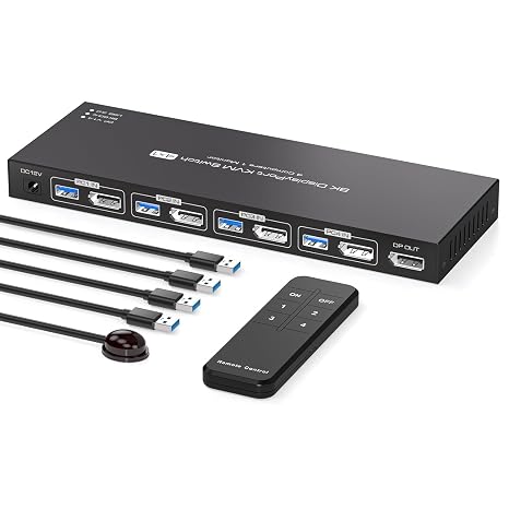8K Displayport KVM Switch 4 Computers 1 Monitor 4K144Hz 4 Port KVM Sharing 1 Monitor and 4 USB 3.0 Device with Controller Support Extended/Copy Mode