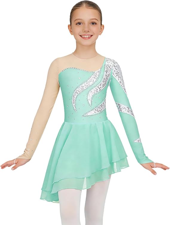 Loyan Kids Girls Sequin Long Sleeve Figure Ice Roller Skating Dress Rhinestone Dance Competition Costume