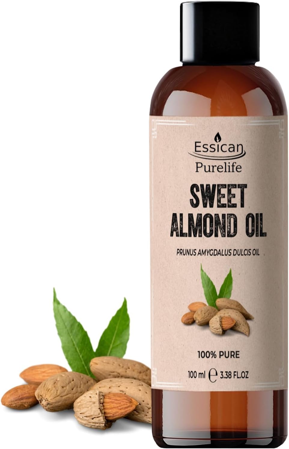 Essican Purelife Cold Pressed Almond Oils 100ml, Pure Sweet Almond Oil for Hair, Carrier Oil for Essential Oils Mixing Ideal for Massage, Moisturising Face, Skin, Ear, Body, Cruelty-Free