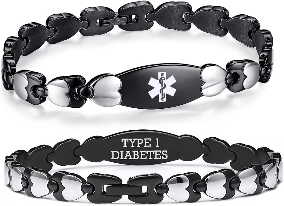 LinnaLove Double Heart Medical id Bracelet for Women 7 1/2 inches Fashion Stainless steel Medical alert bracelets