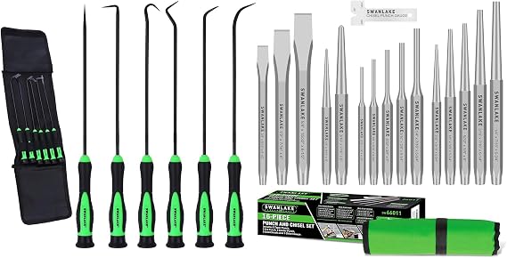 Bundled products-2 items: 6-piece Pick and Hook Set, Pick Tool Set for Car Auto & 16-piece Punch and Chisel Set, Including Taper Punch, Cold Chisels, Pin Punch, Center Punch