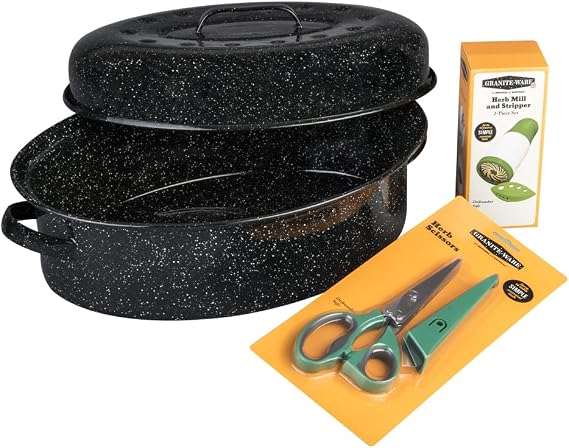 Granite Ware F0561DS-1 8lb Oval Covered Roaster with Essential Roasting Tools, 5 pc set, Porcelain Enameled Steel